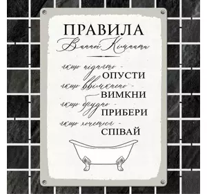 Табличка интерьерная металлическая Правила ванної кімнати