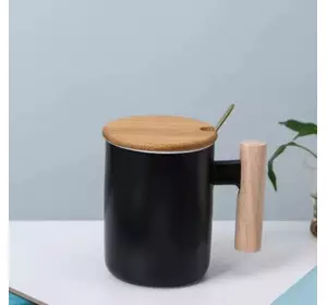 Кружка керамическая с деревянной ручкой, крышкой и ложкой 380 мл (черный)