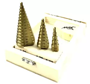 Набір ступінчастих свердел MAX від 4 до 32 мм 4-32 4-20 4-12 в стильному дерев'яному ящику